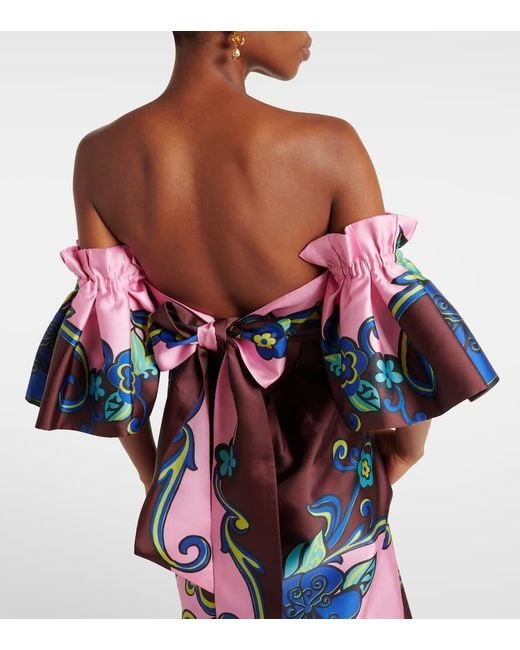 ALÉMAIS Multicolor Floral Off-Shoulder Satin Maxi Dress