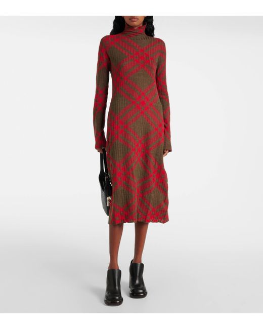 Burberry Red Checked Long-Sleeved Knitted Midi Dress