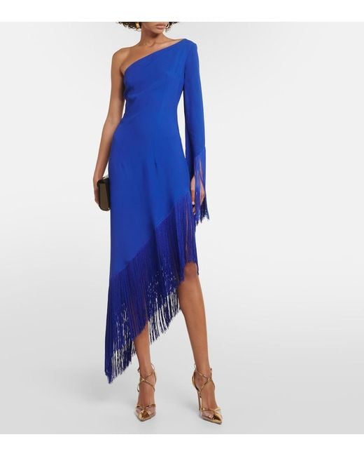 Taller Marmo Blue Asymmetric Fringed Midi Dress