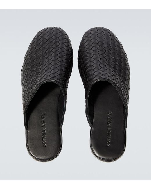 Bottega Veneta Black Intrecciato Leather Slippers for men