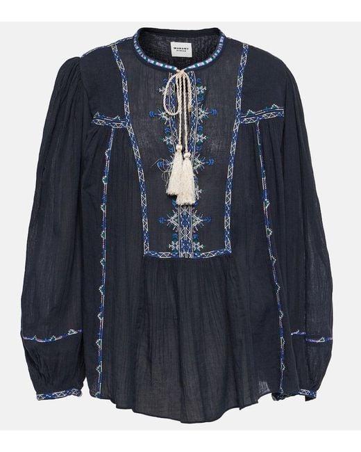 Isabel Marant Blue Silekia Embroidered Cotton Blouse
