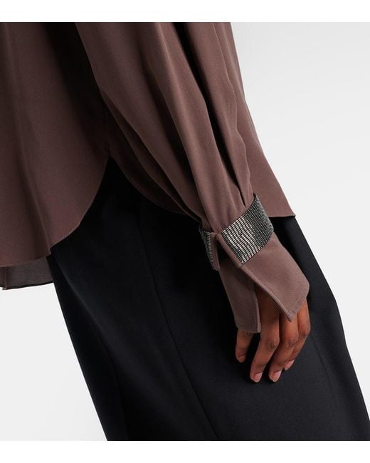 Blusa De Seda Con Cuentas Monili Brunello Cucinelli de color Brown