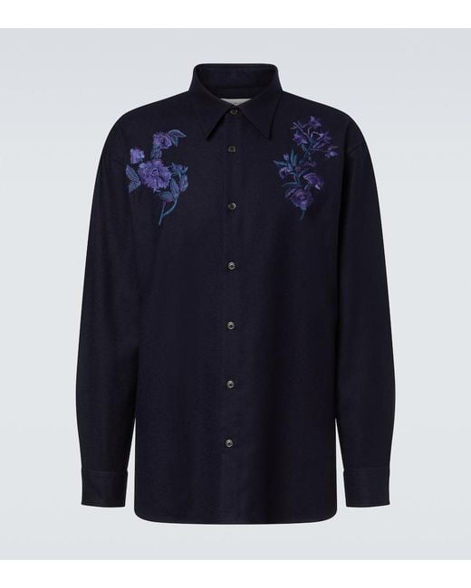 Dries Van Noten Blue Embroidered Wool Shirt for men
