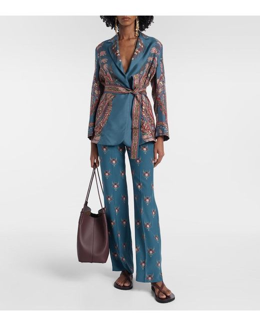Etro Blue Floral Printed Silk Blazer