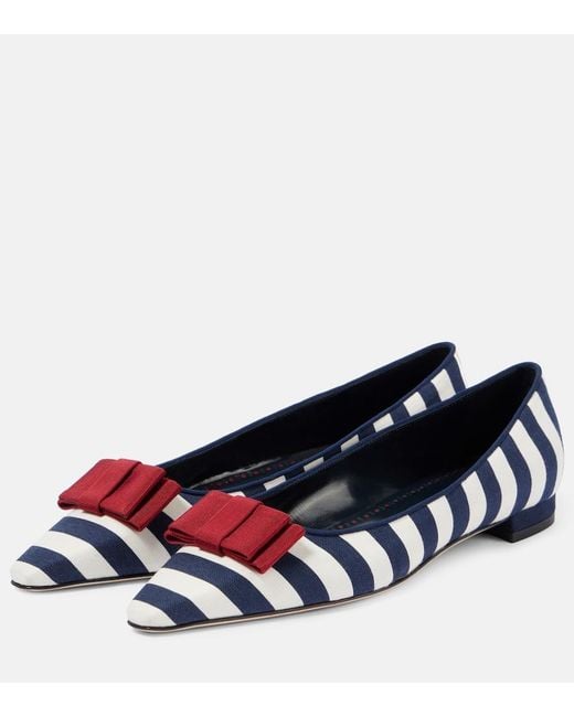 Manolo Blahnik Blue Reador Bow-Detail Striped Ballet Flats