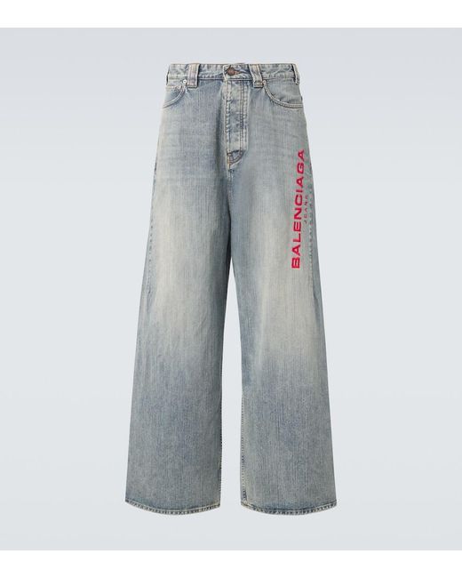 Balenciaga Blue Logo Embroidered Wide-Leg Jeans for men