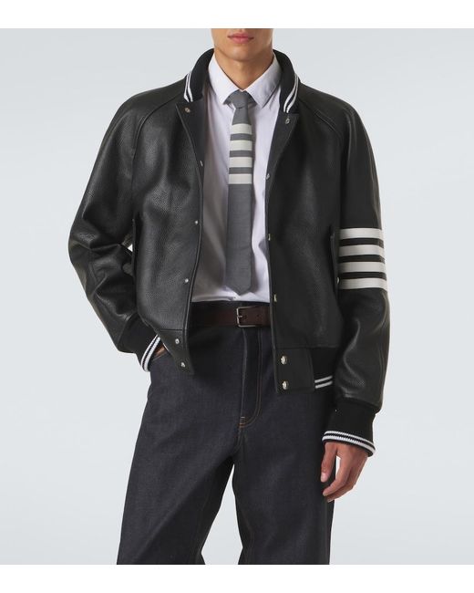 Thom Browne Black 4-Bar Leather Bomber Jacket for men