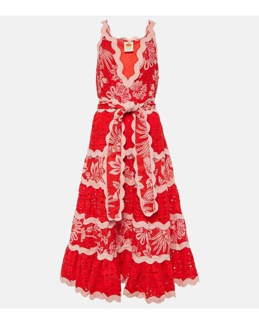 Farm Rio Red Broderie Anglaise Floral Cotton Midi Dress
