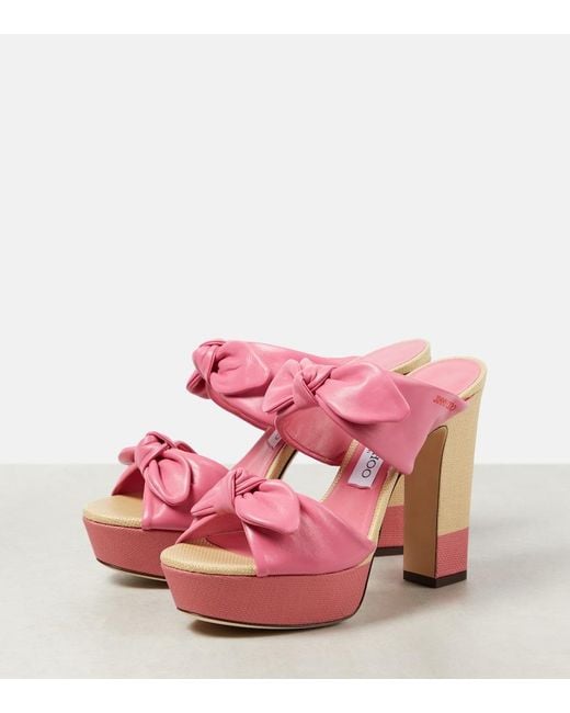 Jimmy Choo Pink Rua 120 Leather And Raffia Platform Sandals