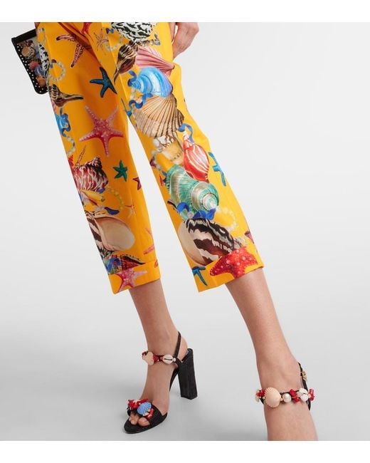 Dolce & Gabbana Yellow Capri Printed High-Rise Cotton Tapered Pants