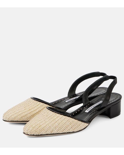 Manolo Blahnik Natural Raffro Leather-Trimmed Raffia Slingback Pumps