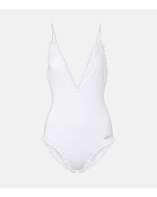 Chloé White Broderie Anglaise Ruffled Swimsuit