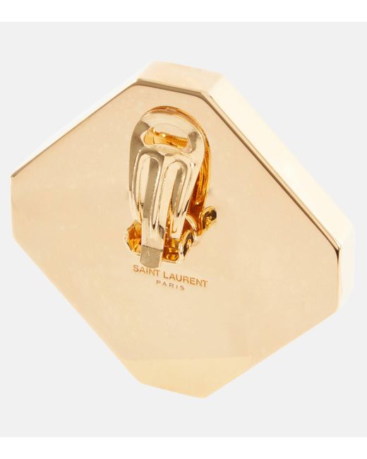 Saint Laurent Brown Octagon Embellished Clip-on Earrings
