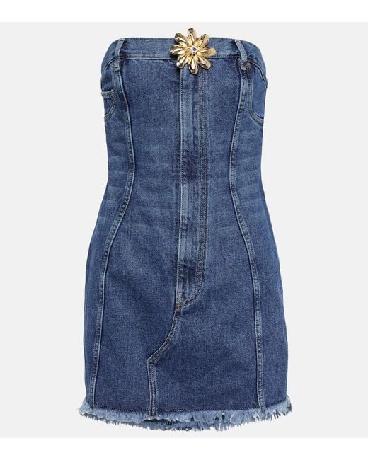 Area Blue Strapless Floral-appliquéd Denim Mini Dress
