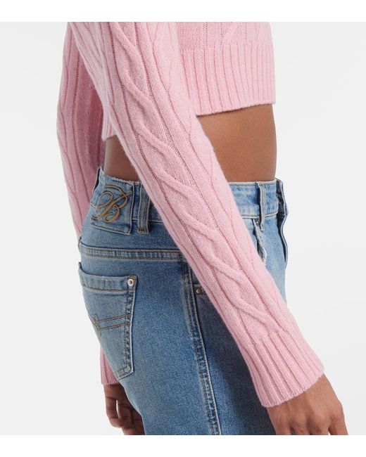Blumarine Pink Logo Cropped Wool And Cashmere Sweater
