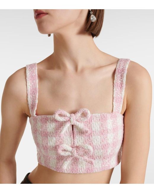 Self-Portrait Pink Bow-detail Checked Boucle Crop Top