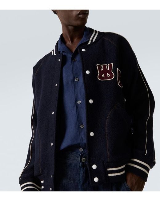 Wales Bonner Blue October Embroidered Wool Varsity Jacket for men