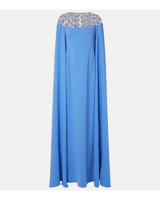 Oscar de la Renta Blue Embellished Caped Silk-Blend Gown