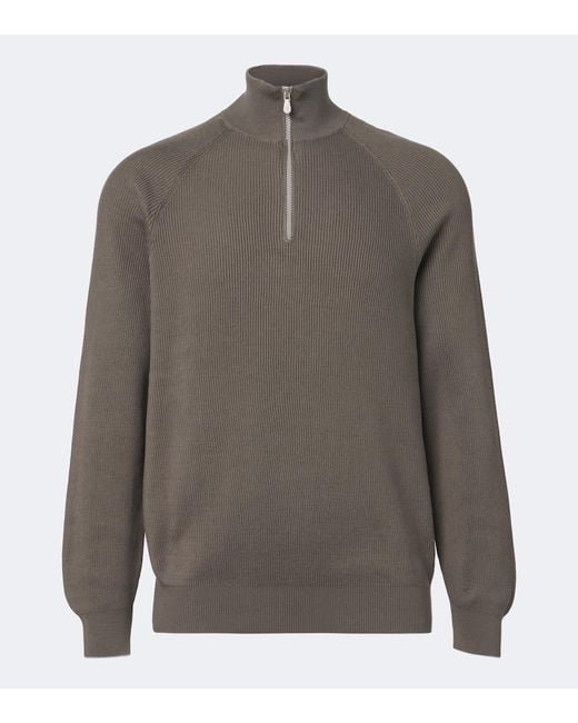 Brunello Cucinelli Gray Ribbed-Knit Half-Zip Cotton Sweater for men