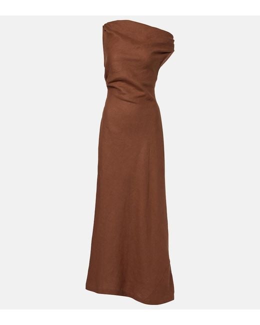 Faithfull The Brand Brown Suis Asymmetric Linen Maxi Dress