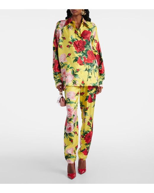Dolce & Gabbana Yellow Floral Silk Straight Pants