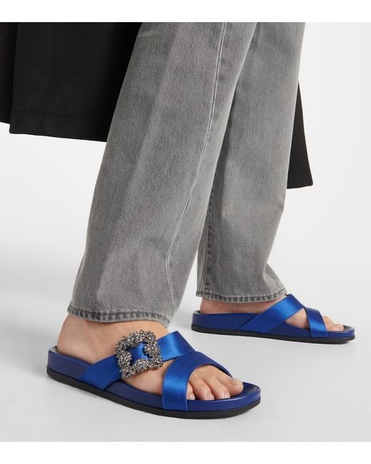 Manolo Blahnik Blue Chilanghi Embellished Satin Sandals