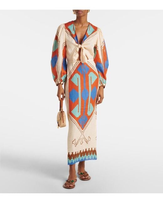 Johanna Ortiz Orange Printed Tie-Detail Linen Midi Dress