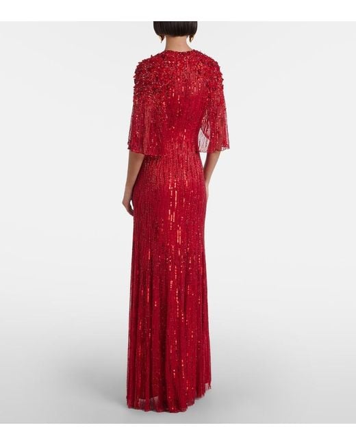 Jenny Packham Red Violetta Embellished Caped Gown