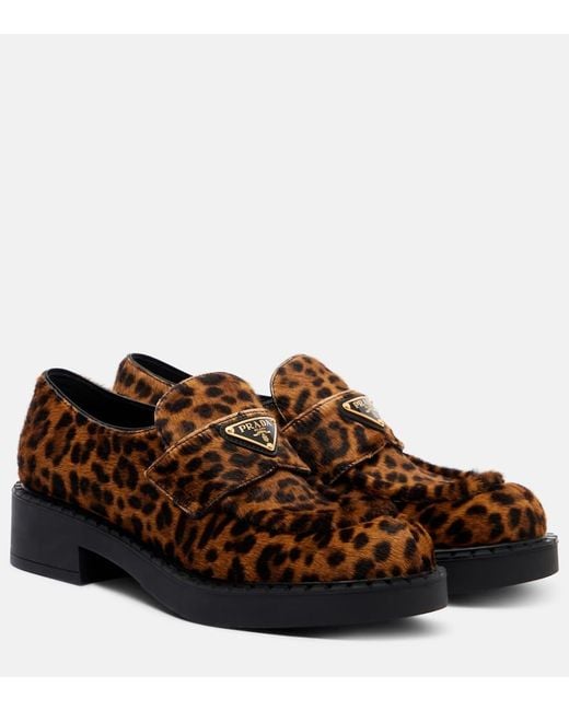 Prada Brown Leopard-Print Calf Hair Penny Loafers