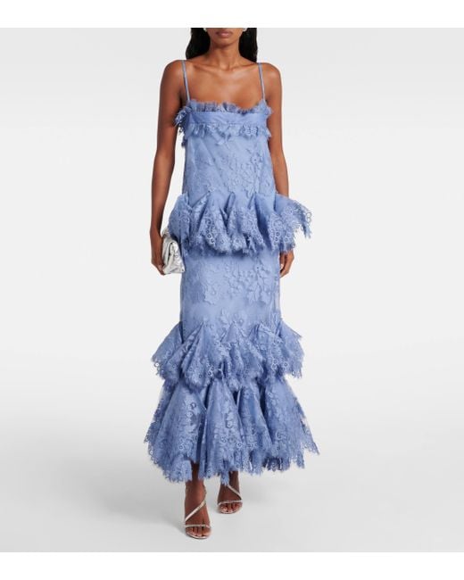 Zimmermann Blue Eden Ruffled Lace Gown