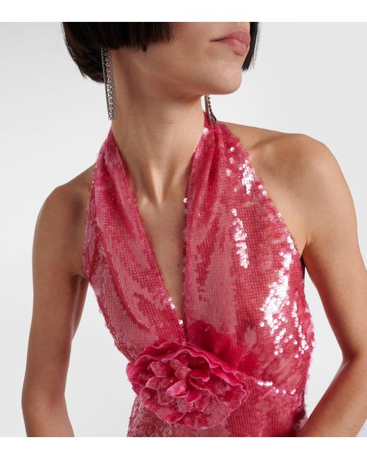 Rodarte Pink Floral-applique Sequined Midi Dress