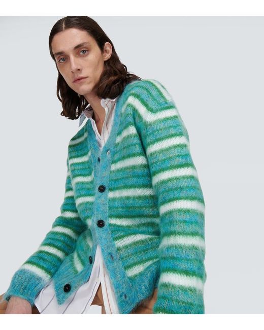 Marni Green Striped Mohair-Blend Cardigan for men