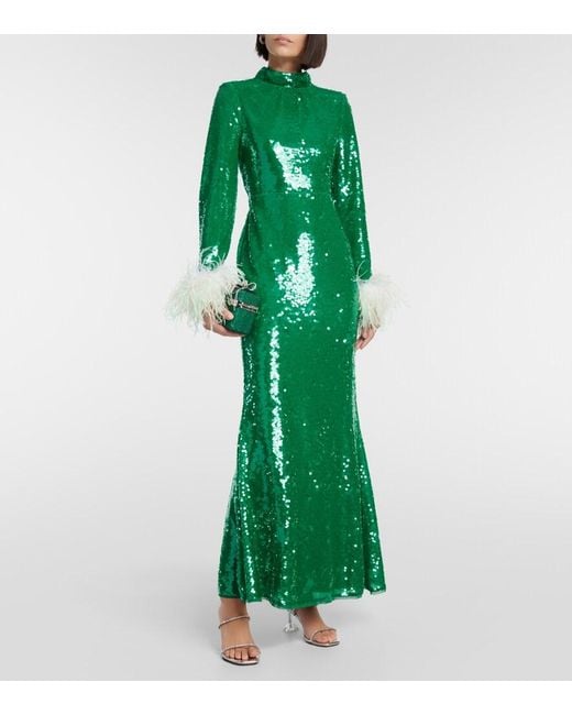 Self-Portrait Green Sequined Feather-Trimmed Gown