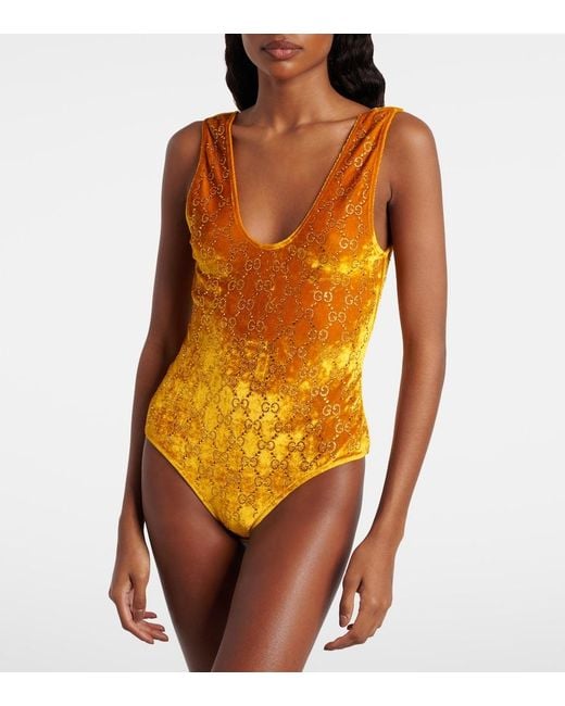 Gucci Orange Gg Embellished Velvet Bodysuit