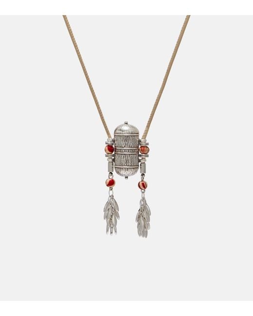 Isabel Marant White Janis Beaded Leather-Trimmed Pendant Necklace