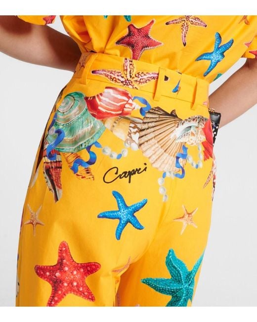 Dolce & Gabbana Yellow Capri Printed High-Rise Cotton Tapered Pants