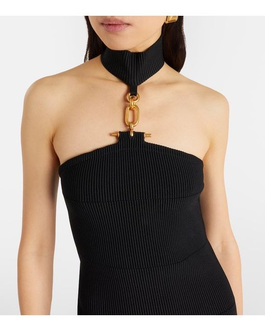 Balmain Blue Cutout Ribbed-Knit Gown