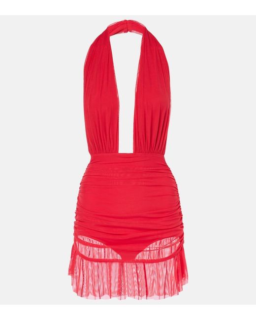Vestido Midi Fruncido Con Cuello Halter Norma Kamali de color Red