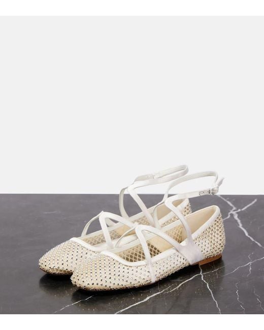 Jimmy Choo White Astoria Mesh Embellished Ballet Flats