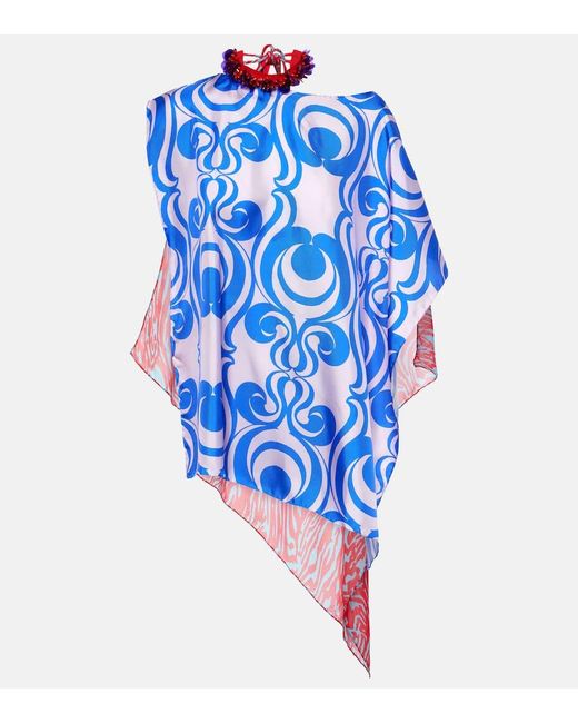 Blusa in misto seta con stampa di Dries Van Noten in Blue