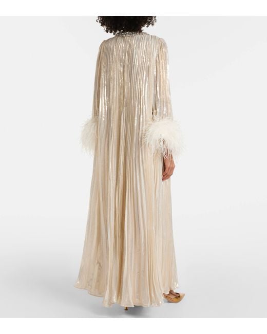 Self-Portrait Natural Feather-trimmed Silk-blend Maxi Dress