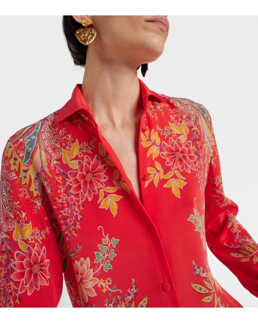 Etro Red Floral Silk Crepe De Chine Shirt