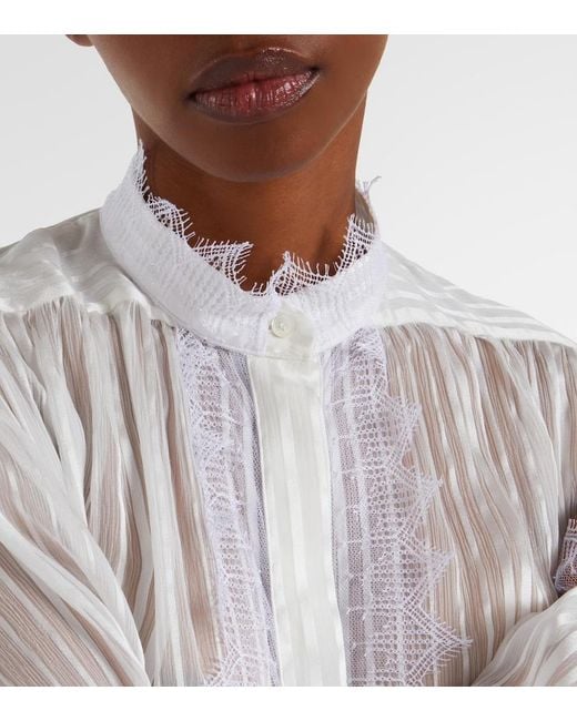 Chloé White Gathered Lace-Trimmed Silk Blouse