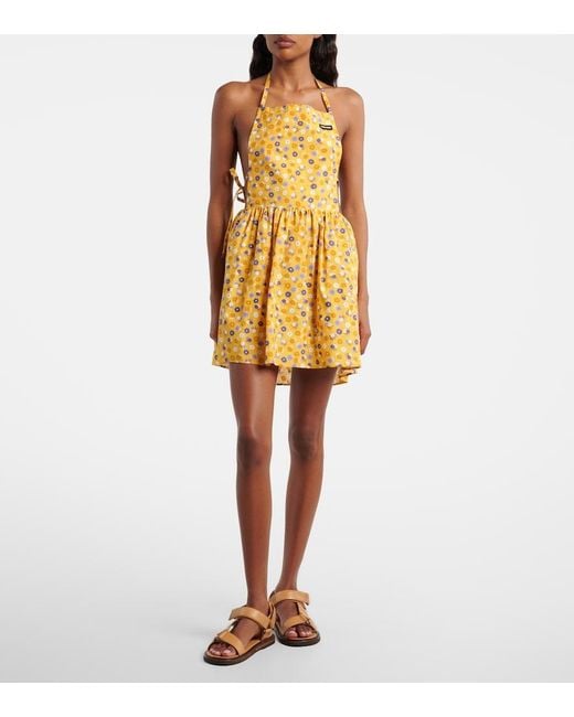 Miu Miu Yellow Floral Open-Back Cotton Poplin Minidress