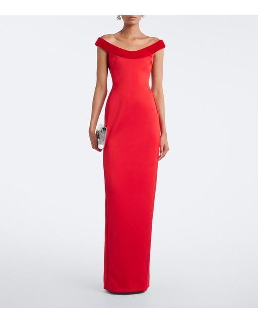 David Koma Red Velvet-Trimmed Off-Shoulder Satin Gown