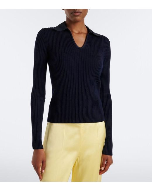 Jil Sander Blue Cutout Ribbed-Knit Wool Polo Sweater