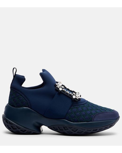 Roger Vivier Blue Viv' Run Suede-Trimmed Slip-On Sneakers