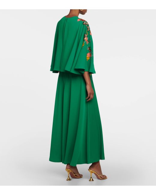 Costarellos Green Zinnia Embroidered Cape Maxi Dress