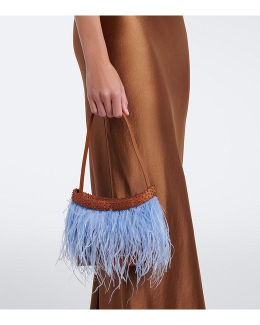 Staud Blue Winslow Feather-Trimmed Shoulder Bag