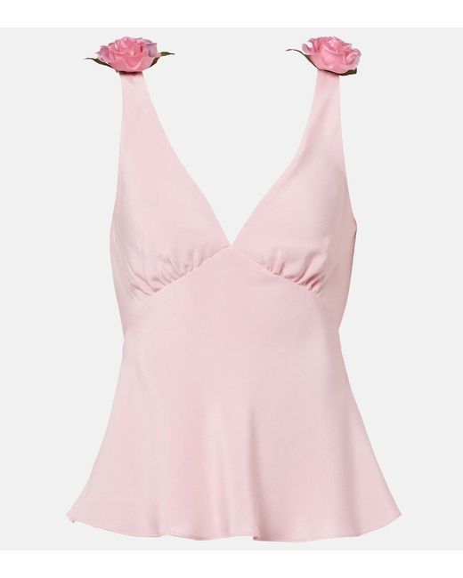 Rodarte Pink Floral-Applique Silk Crepe Top